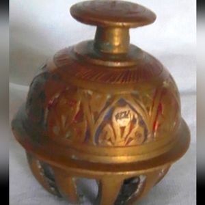 Rare Antique Hand Painted Brass Claw Bell, Made in India, Etched